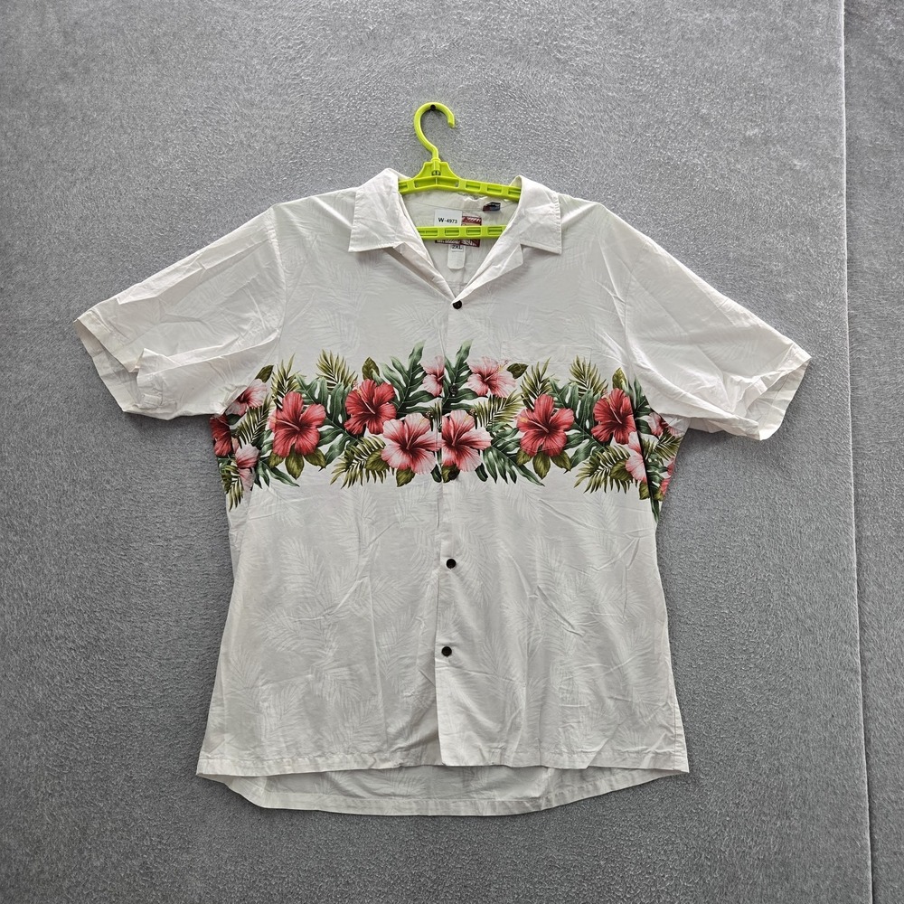 RJC Men Button Up Shirt 2XL White Floral‎ Hibiscus Flowers Hawaiian Short Sleeve